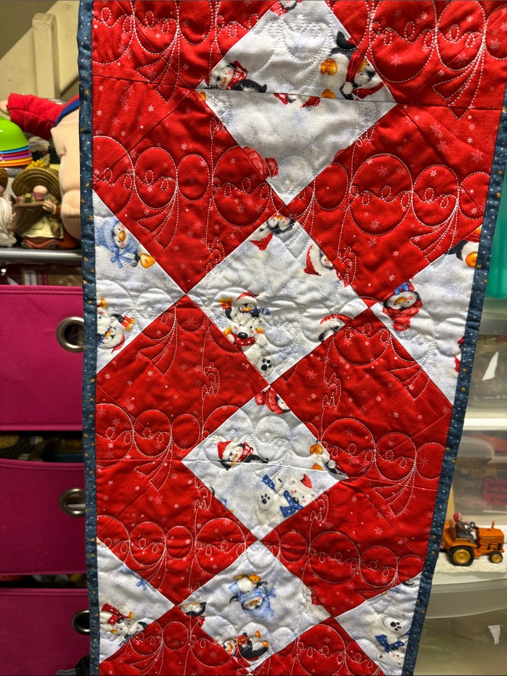 Festive Red and White Penguins Quilt Table Runner -
